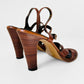 1970s Dark Tobacco Brown Leather Wood-Heeled Sandals - Sz.7B