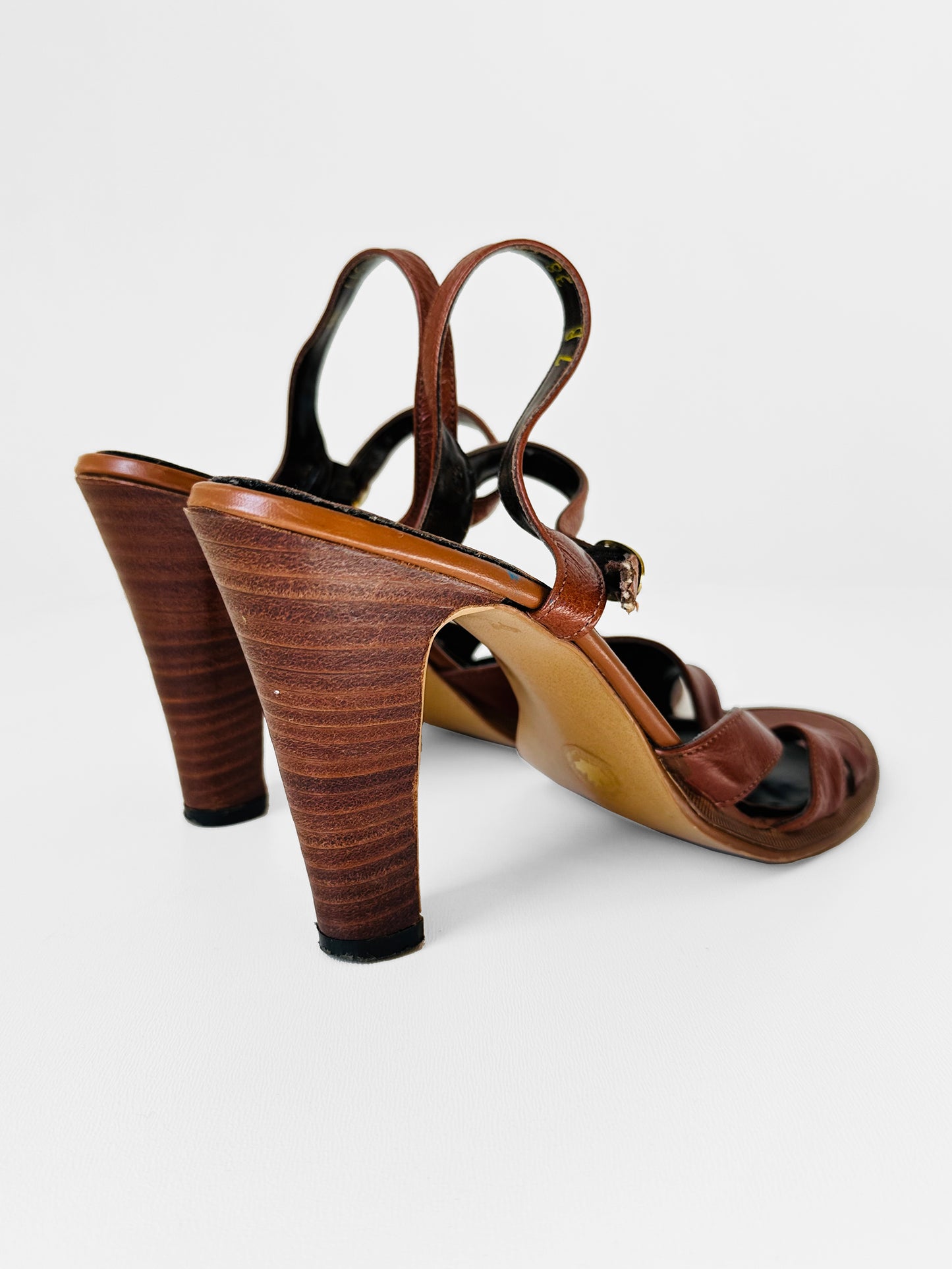 1970s Dark Tobacco Brown Leather Wood-Heeled Sandals - Sz.7B