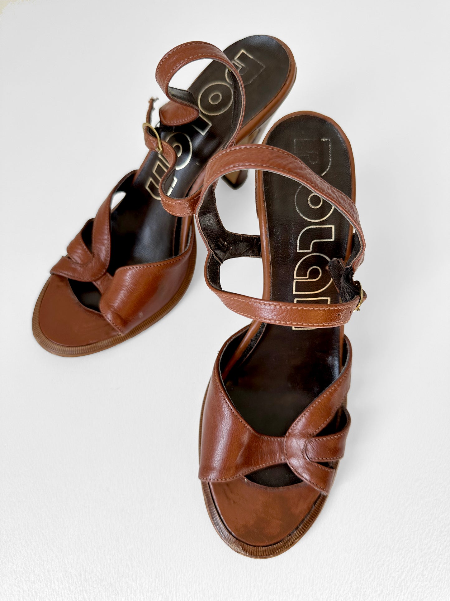 1970s Dark Tobacco Brown Leather Wood-Heeled Sandals - Sz.7B