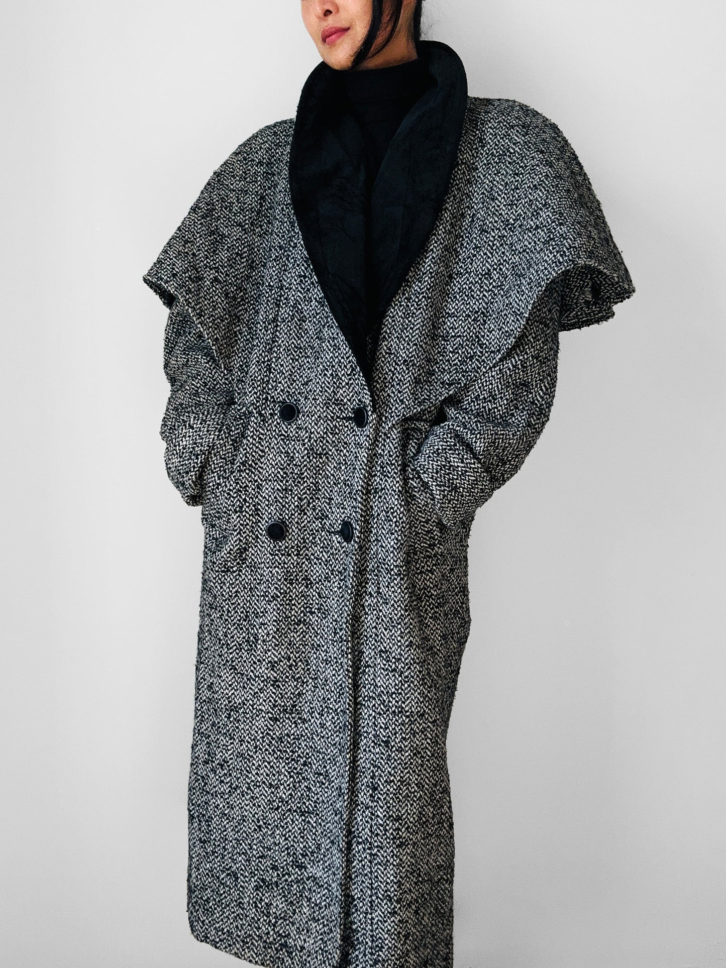 1980s Black and White Caped Wool Tweed Coat