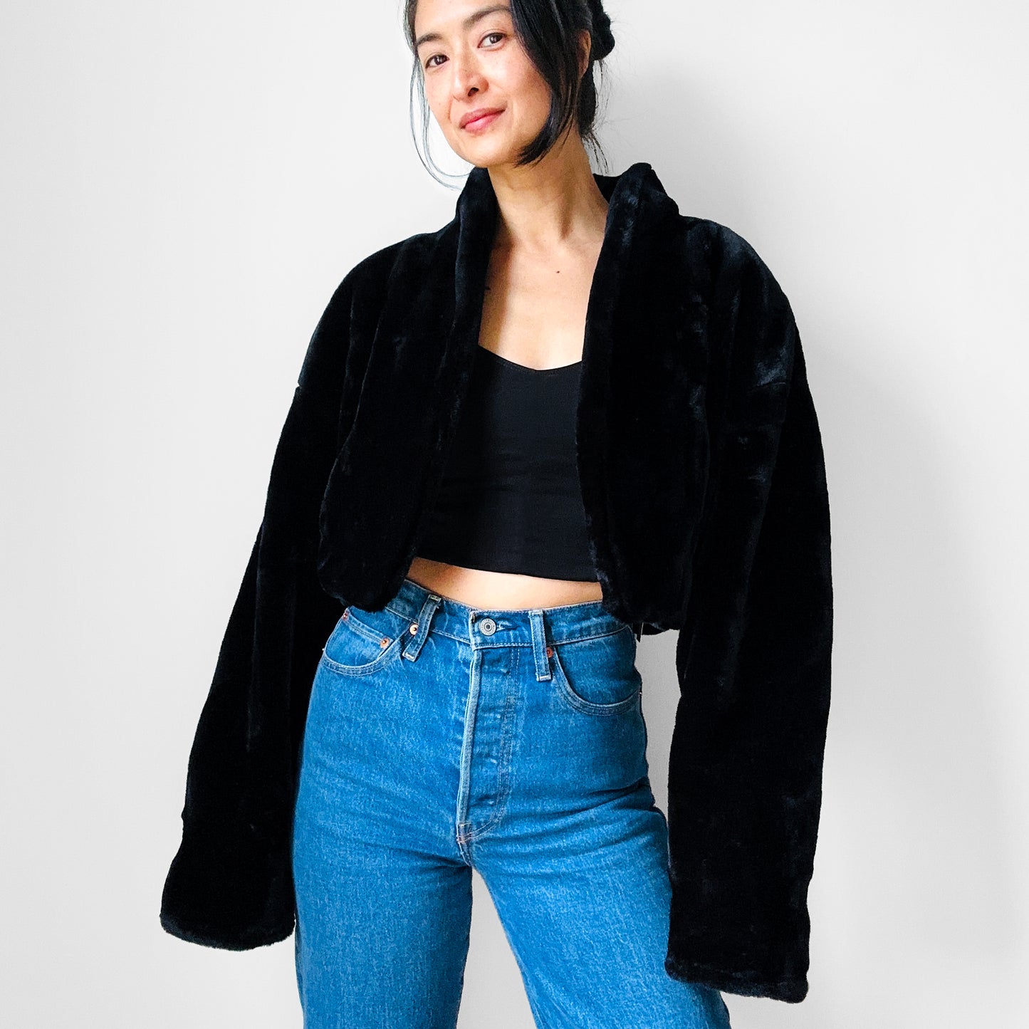 1980s Black Faux Fur Crop Jacket - Sz. M