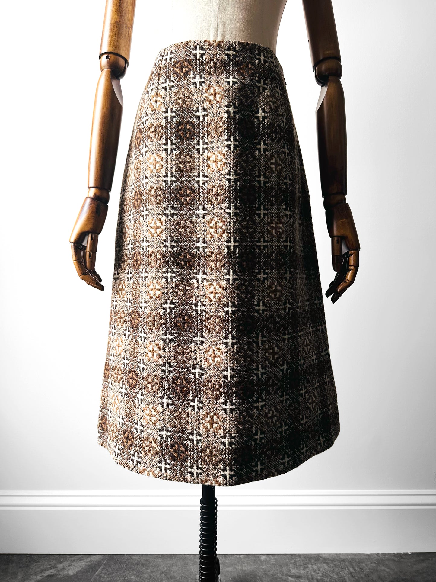 1960s - 1970s Brown and Cream Trefriw Woolen Suede Pocket Skirt and Vest Two-Piece Set - Sz. S/M