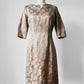 1960s Champagne Floral Shimmery Zip Back Floral Dress - Sz. Sm