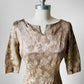 1960s Champagne Floral Shimmery Zip Back Floral Dress - Sz. Sm