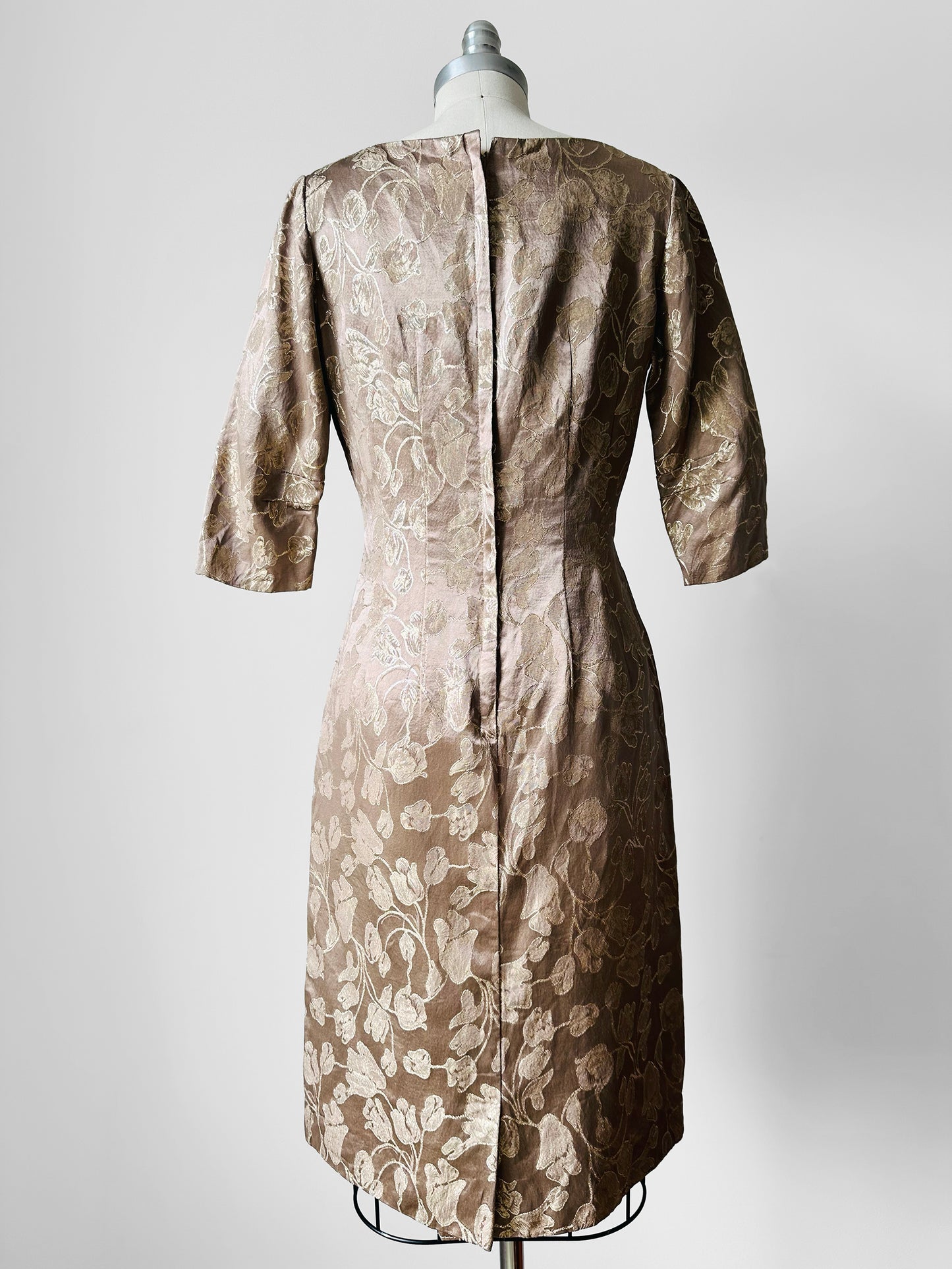 1960s Champagne Floral Shimmery Zip Back Floral Dress - Sz. Sm