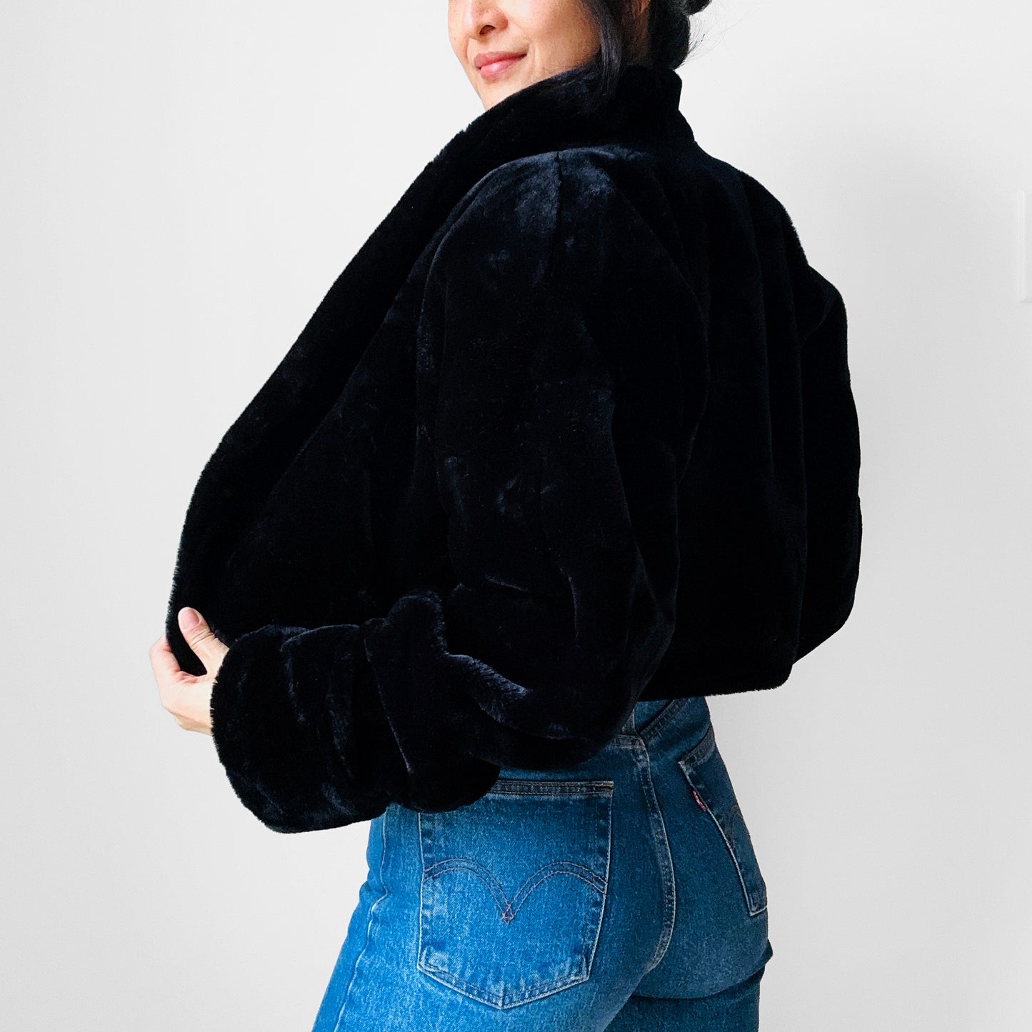 1980s Black Faux Fur Crop Jacket - Sz. M