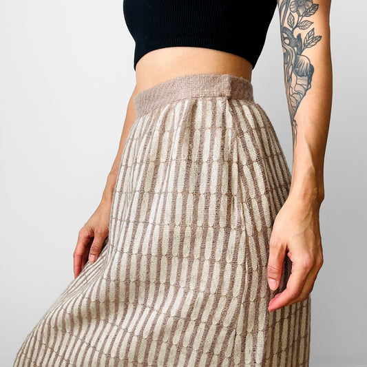 1960s Fringe Hem Off-White and Taupe Stripe Wool Blend Skirt - Sz. Sm