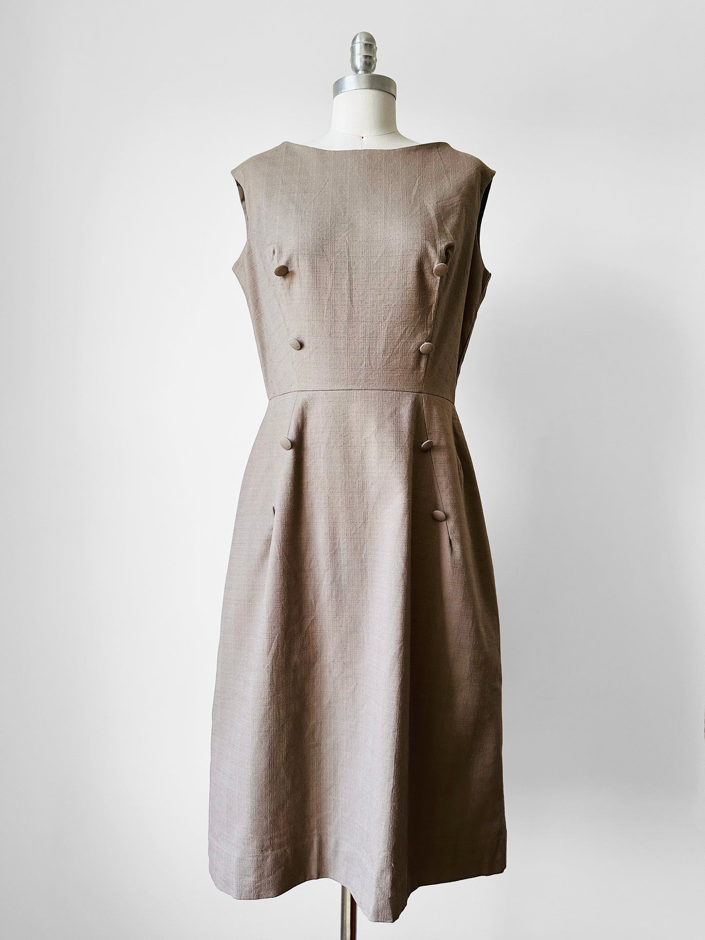 1960s Greige Zip Back Little Devil Button Detail Dress - Sz. M