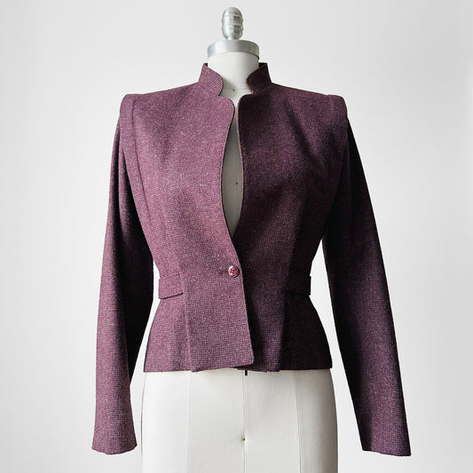 1970s - 1980s Mauve Tweed Tapered Waist Peplum Blazer Jacket - Sz. Sm