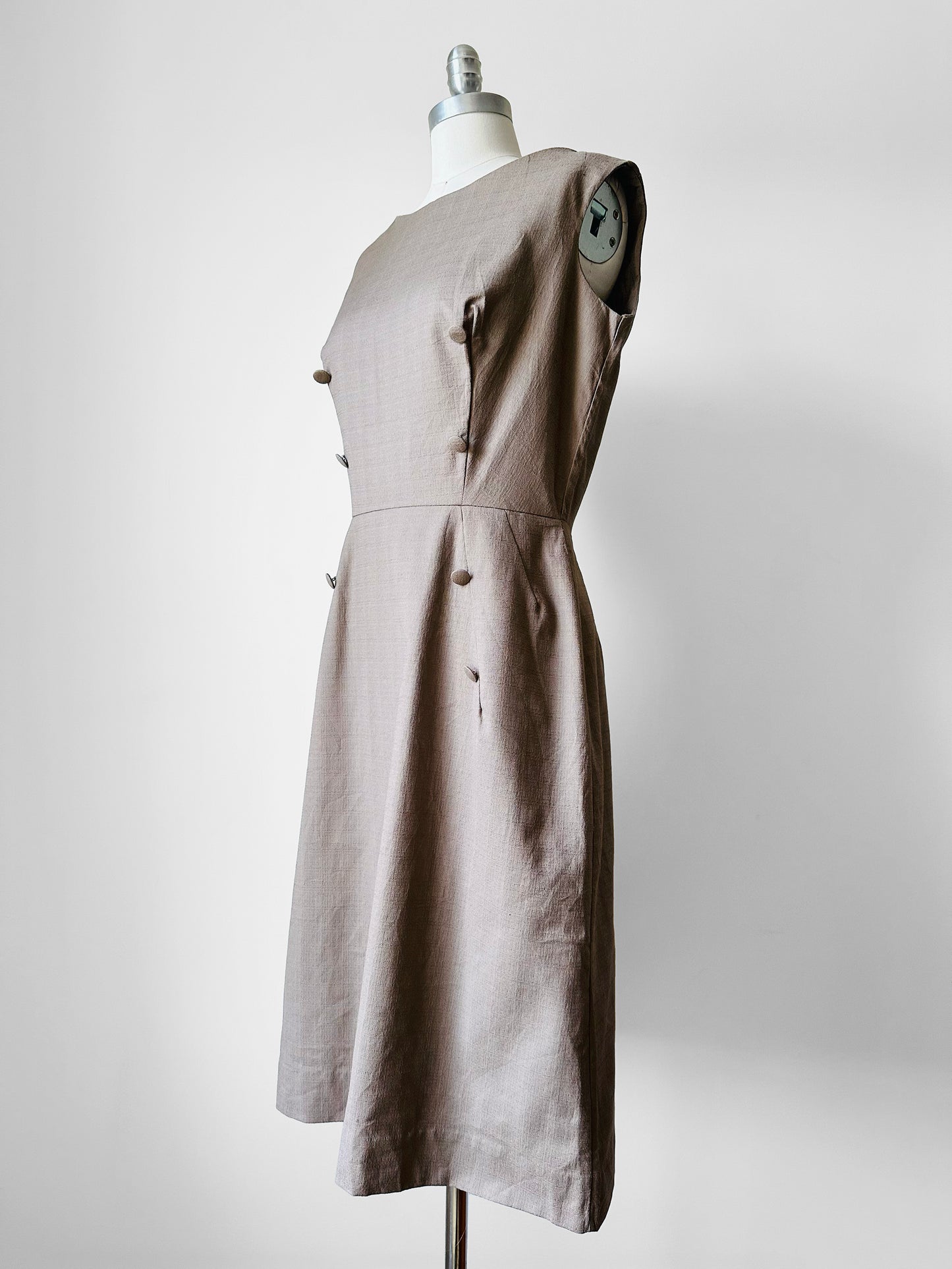 1960s Greige Zip Back Little Devil Button Detail Dress - Sz. M