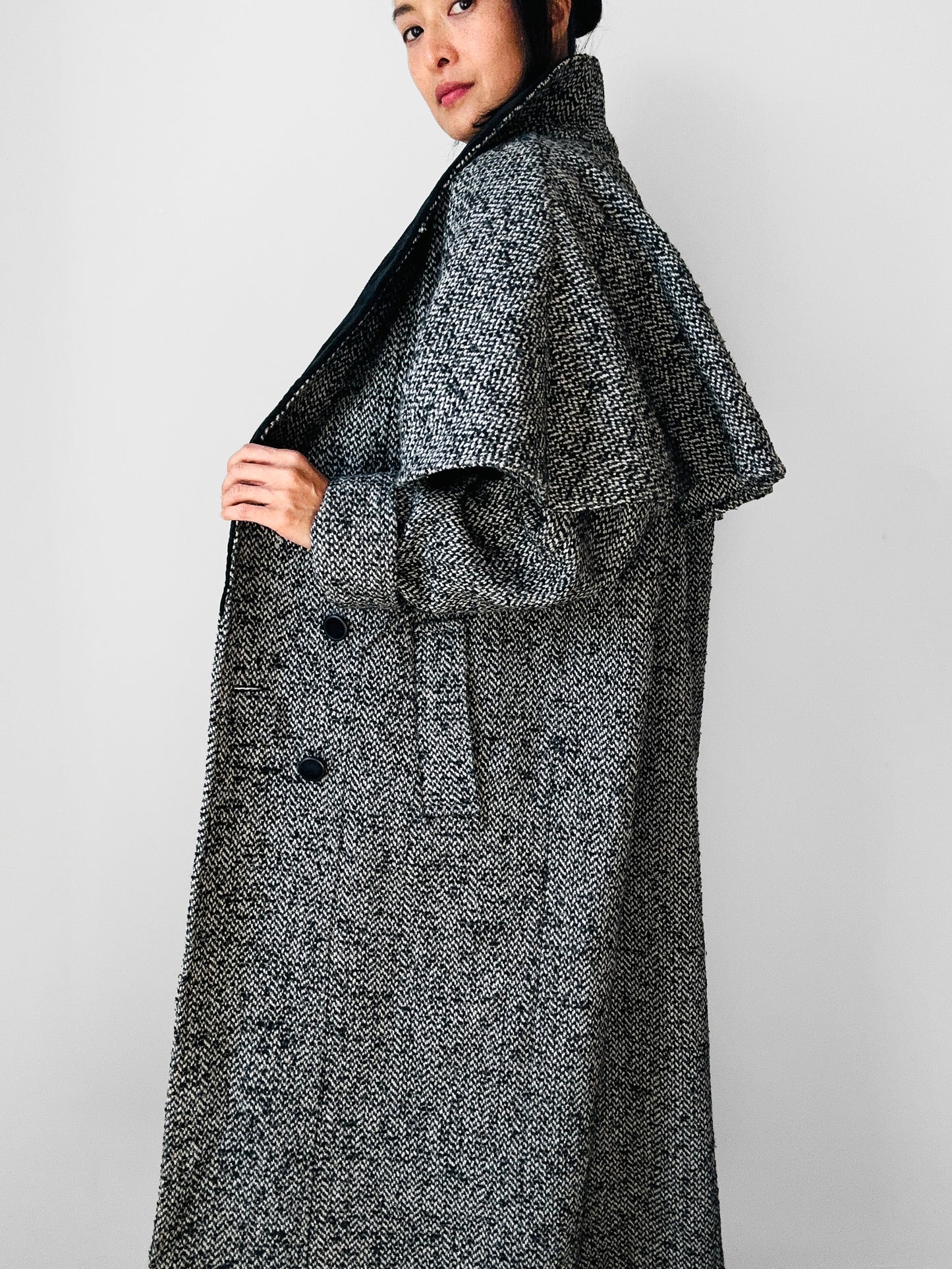 1980s Black and White Caped Wool Tweed Coat