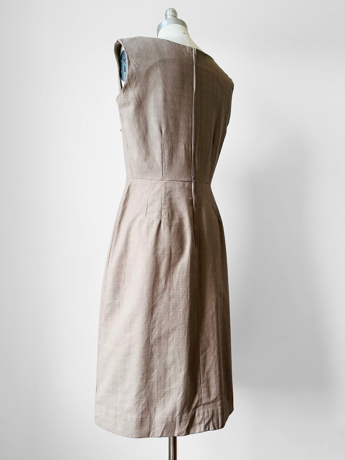 1960s Greige Zip Back Little Devil Button Detail Dress - Sz. M