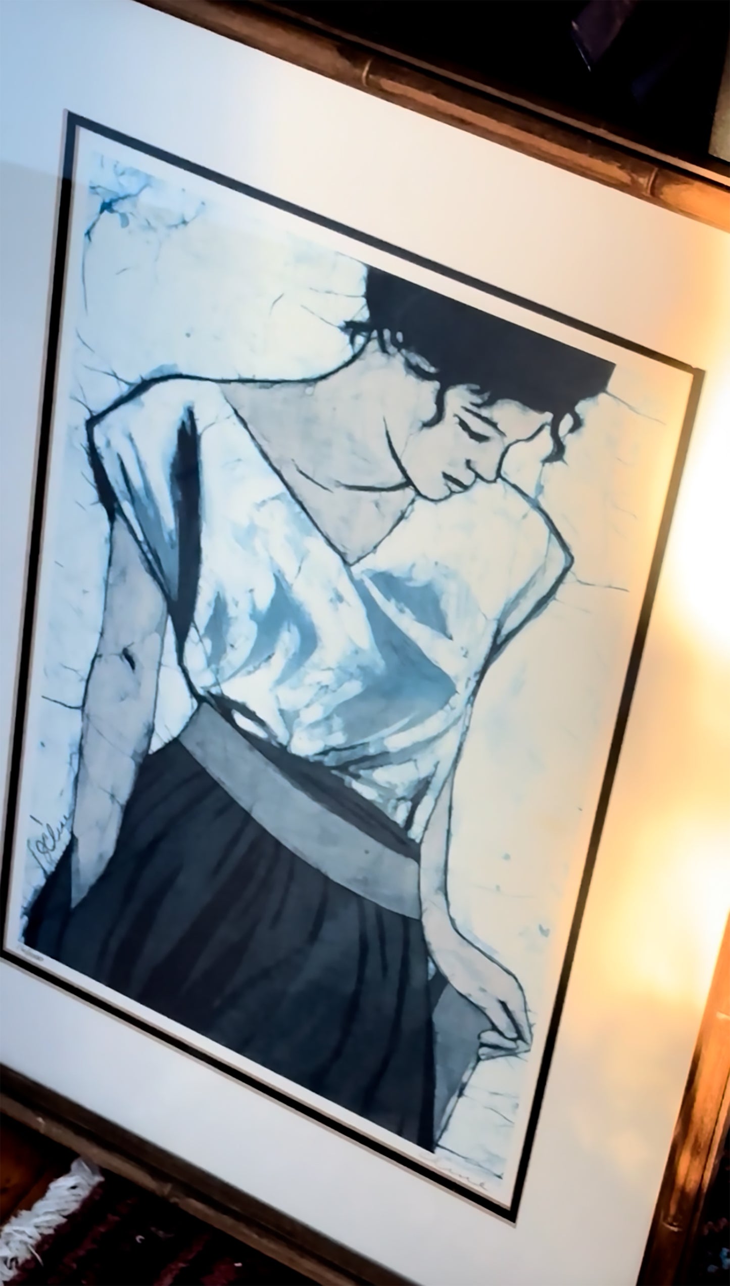 HOLD for SM - 80s Wood Framed Janice Cline 17 by 23 Wall Art