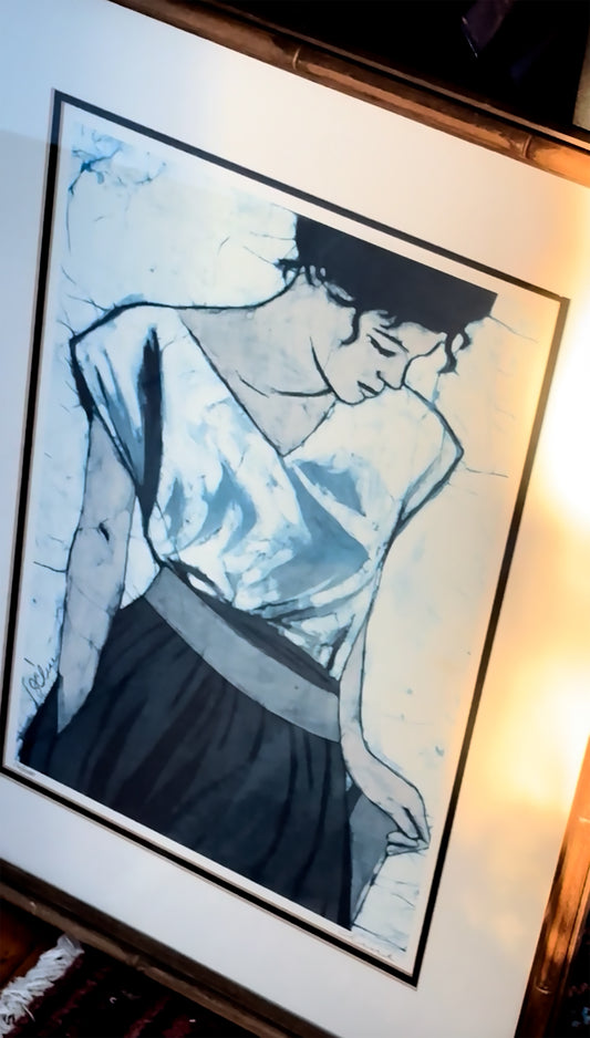 HOLD for SM - 80s Wood Framed Janice Cline 17 by 23 Wall Art