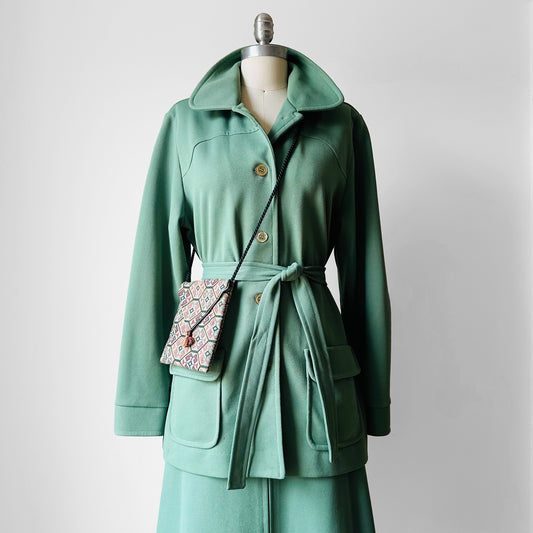 1970s Seafoam Green Skirt and Belted Jacket Set - Sz. L/XL