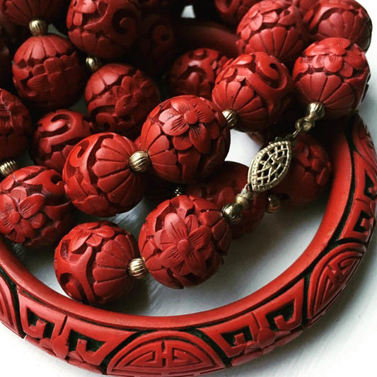 Early 1900s Red Cinnabar Beaded Floral Necklace and Bracelet Set