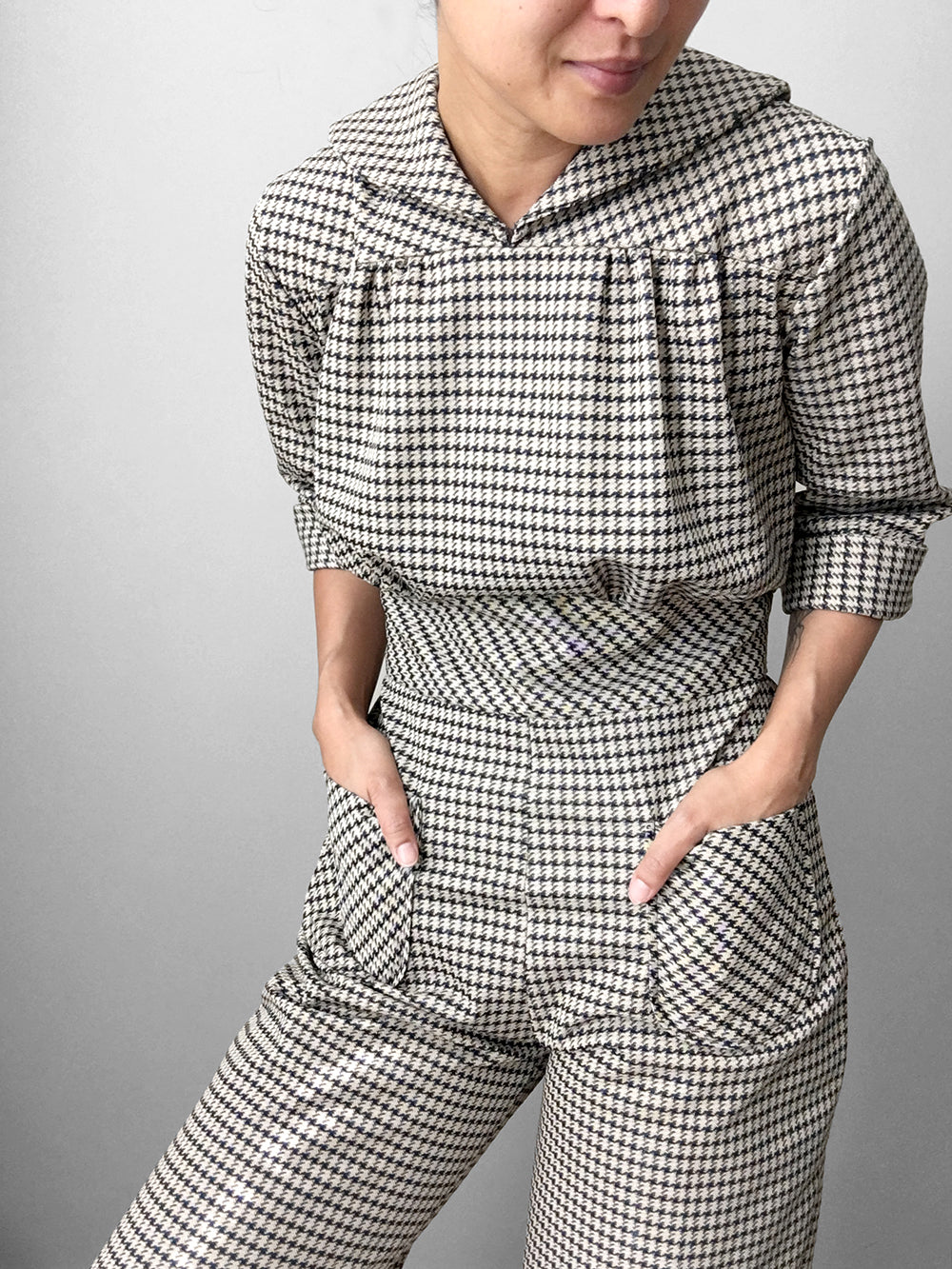 1970s Houndstooth Plaid One Piece Jumpsuit