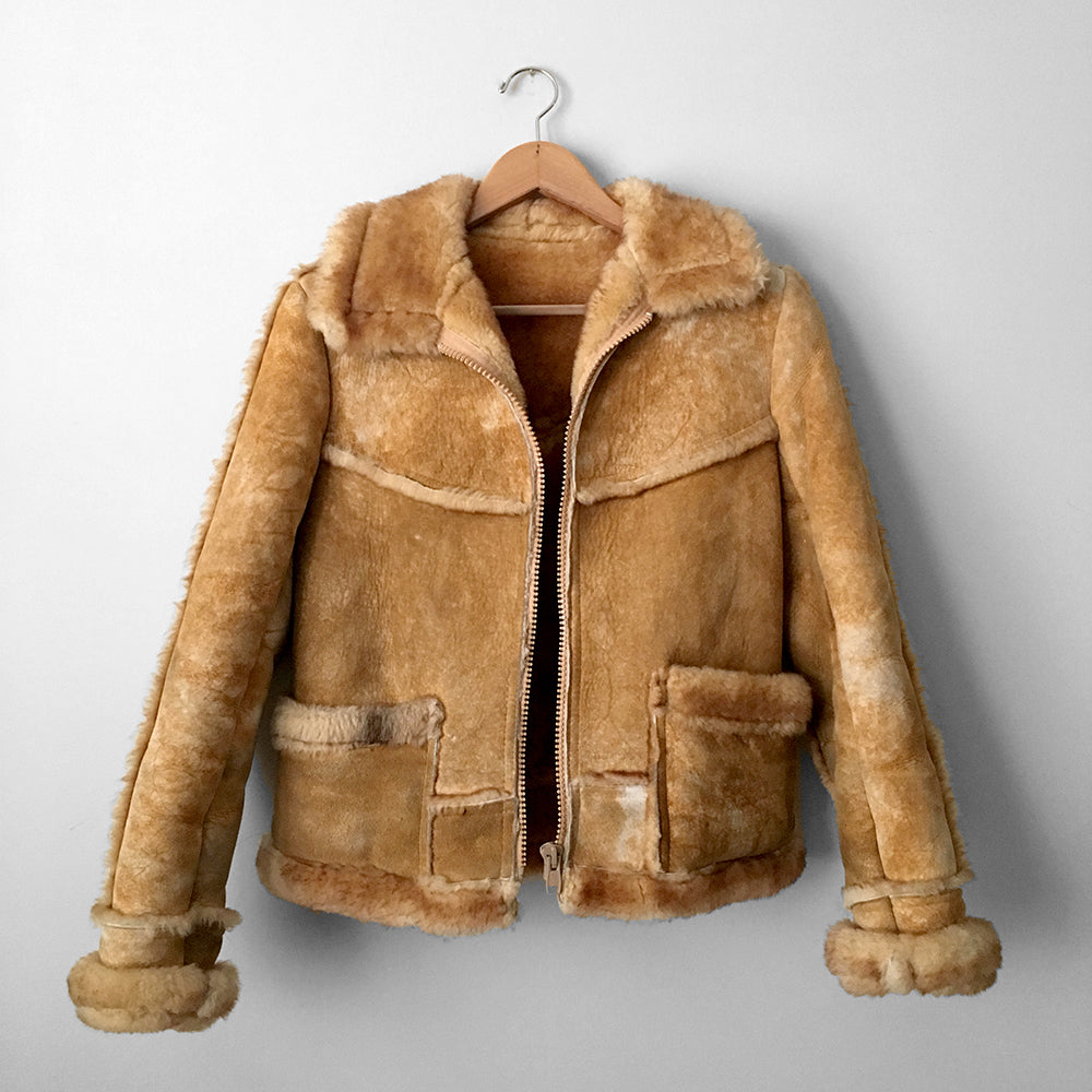 Tan Made in Canada Shearling Sheep Zip Front Jacket