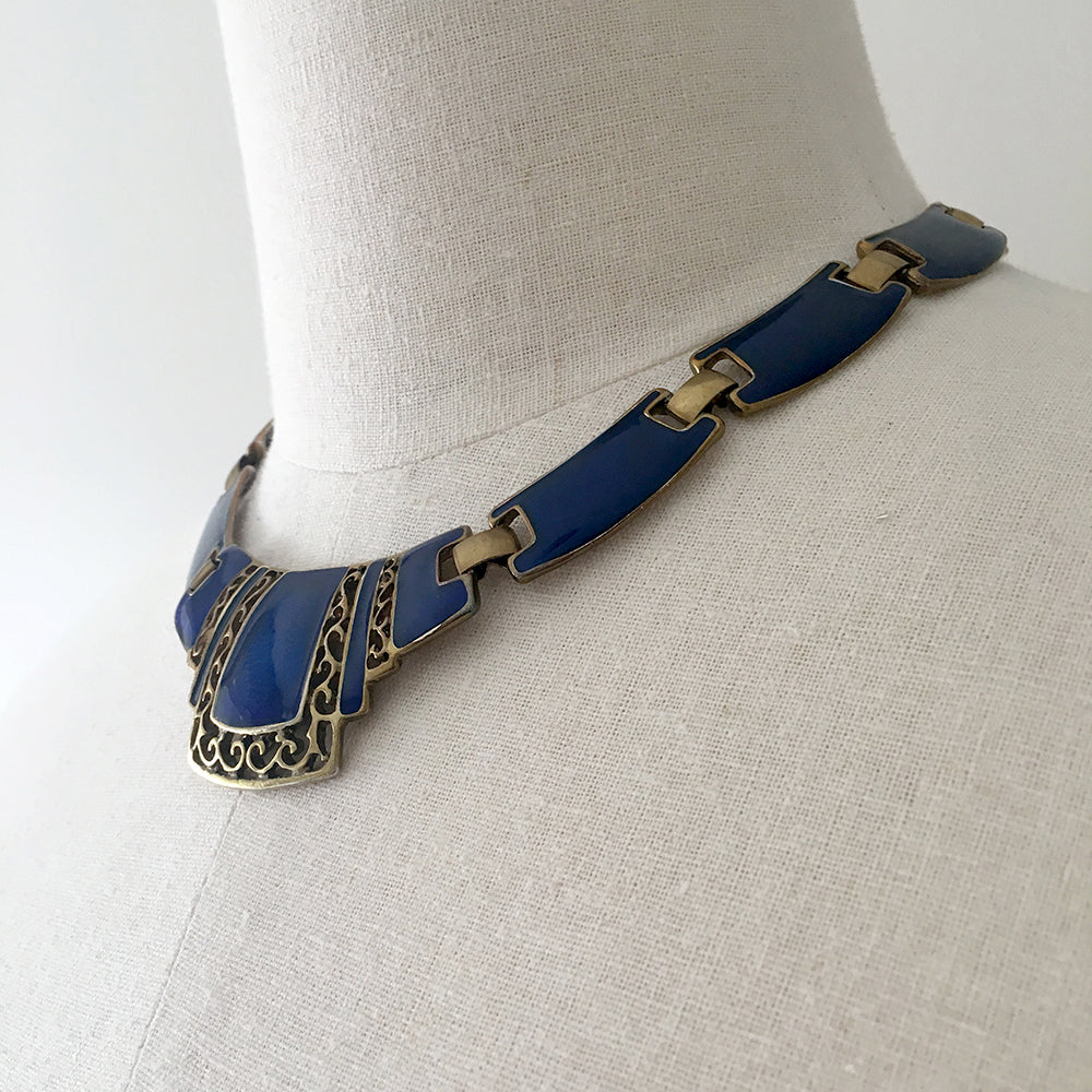 1970s Blue Gold-toned Enamel Sapphire Blue-Toned Link Necklace