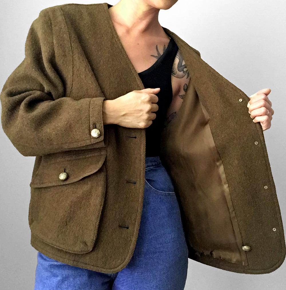 Olive-Green Wool-Blend Military-Inspired Boxy Jacket