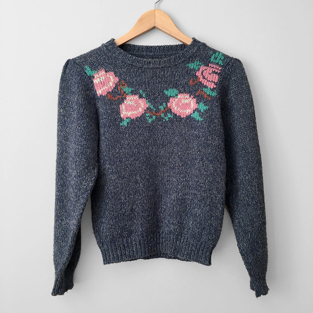 1970s Bobble-Knit Hand-Knit Handmade Floral Pullover Sweater