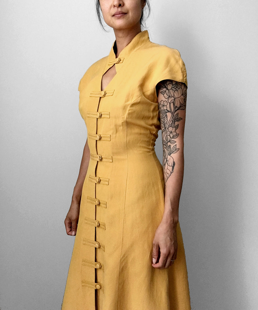 1990s Made in Germany Yellow Button-Front Mandarin Collar Dress