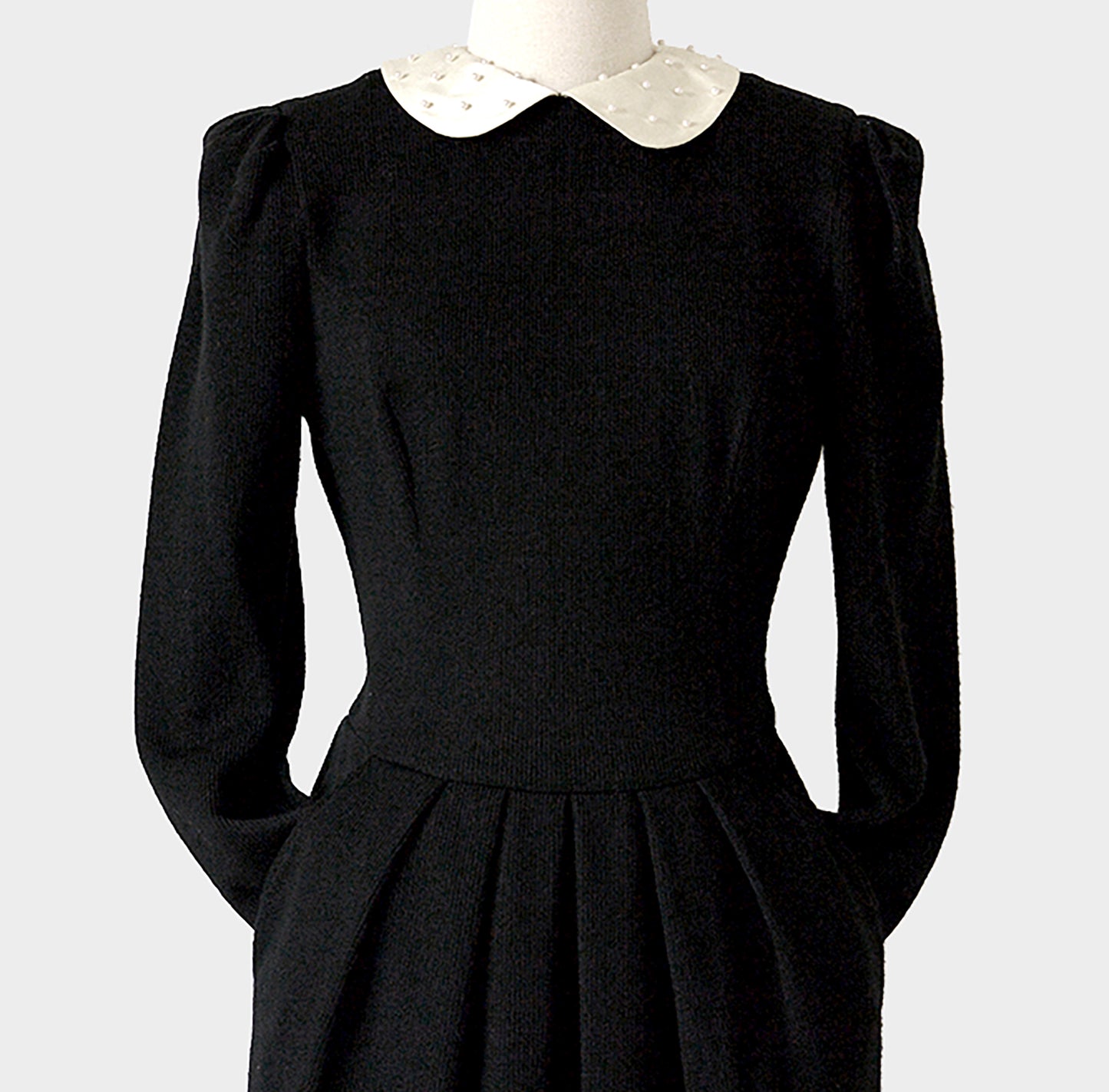 1940s Black Peter Pan Beaded Collar Pleated Zip Back Knit Dress