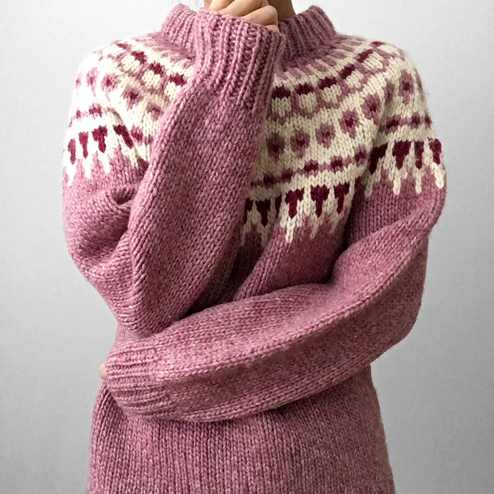 Mauve and Cream Handmade Nordic Knit Pullover Sweater