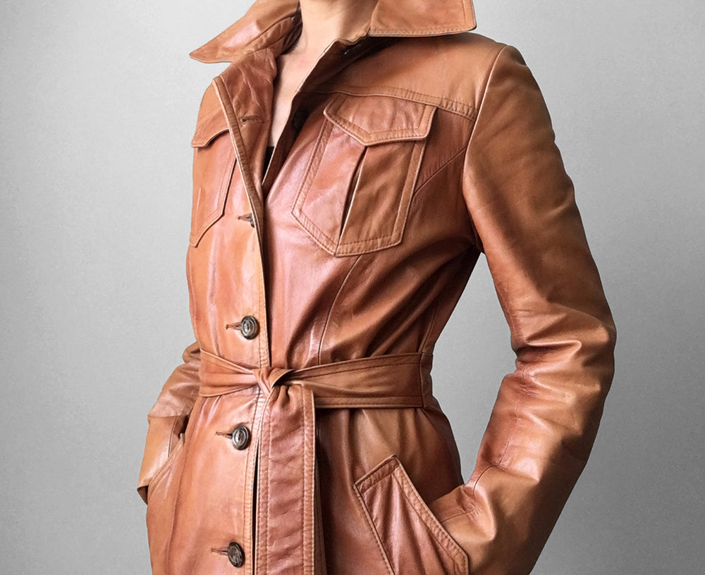 1970s Made in Canada Long Tobacco Brown Belted Leather Coat