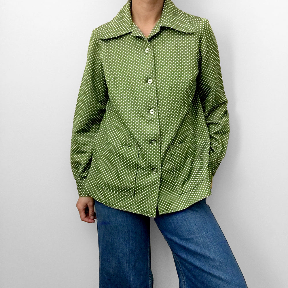 1970s Green Polka-Dot Wide Lapel Long Sleeve Button-Front Shirt