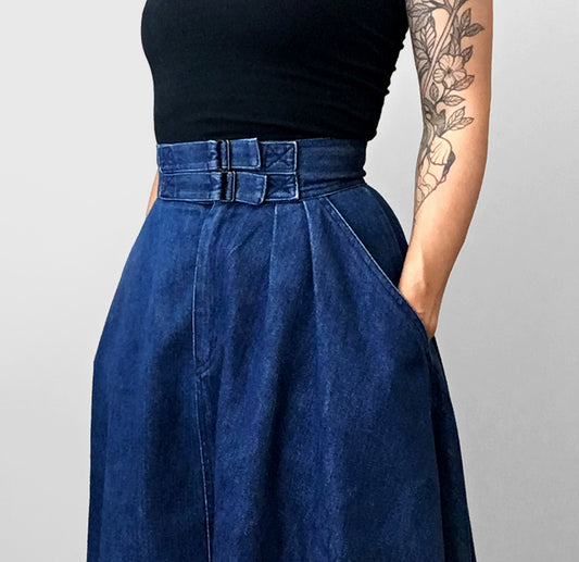 High-Waisted Double Belted Denim Skirt