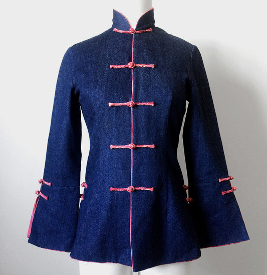 1970s Bell-Sleeve Denim Mandarin Collar Fitted Jacket