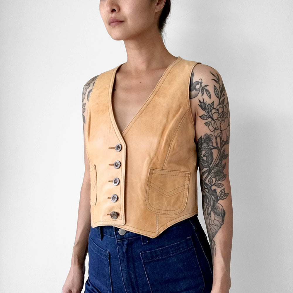 1970s Tan Leather Crop Button-Front Western Vest