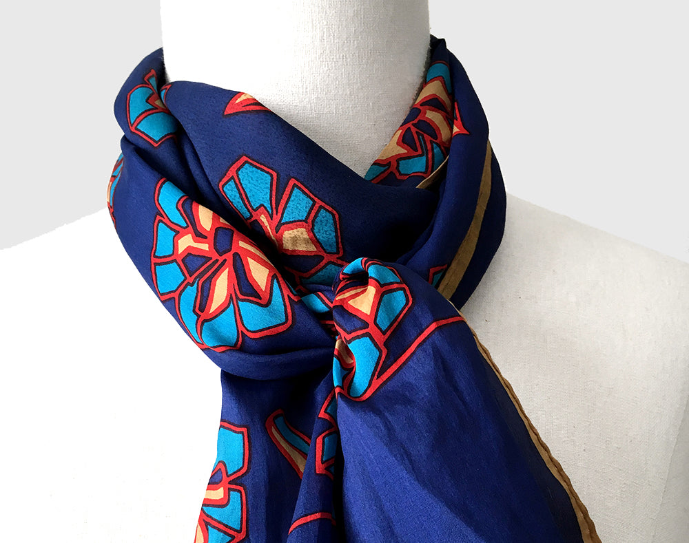 1960s Monique Martin Royal Blue Floral Scarf Kerchief