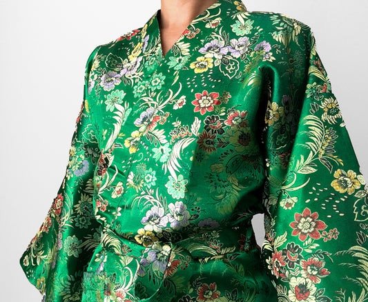 Emerald Green Satin Botanical Belted Kimono