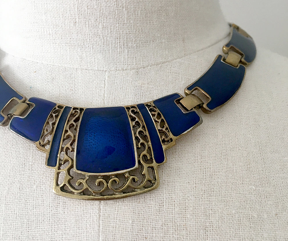 1970s Blue Gold-toned Enamel Sapphire Blue-Toned Link Necklace