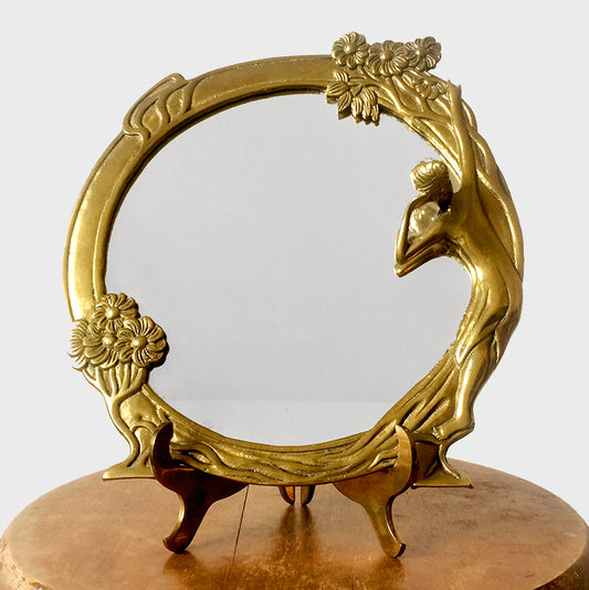 1980s Art Nouveau Style Brass Mirror w/Stand