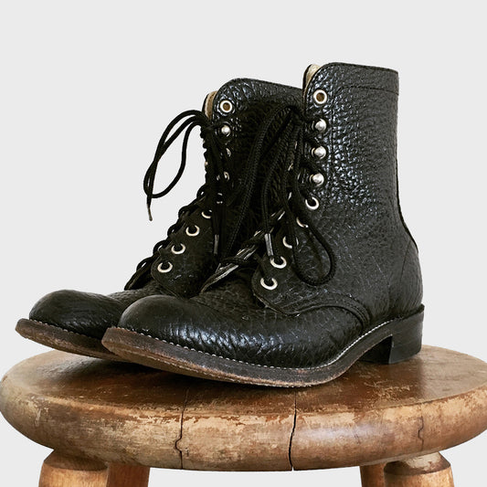 Black Stippled Leather Biltrite Combat Lace-up Boots