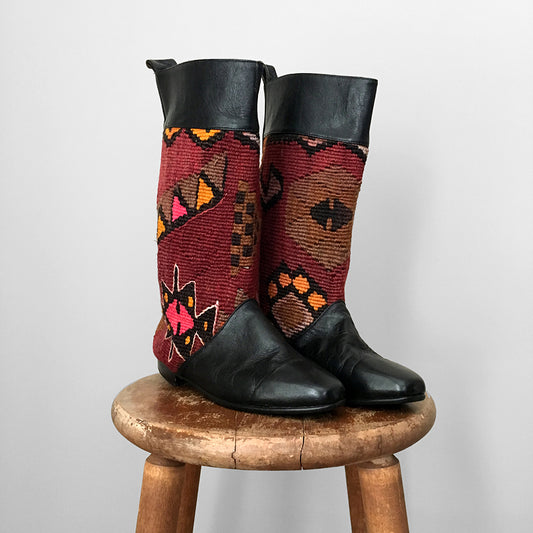 1970s Turkish Woven Rug Kilim Black Leather Flat Heeled Boots