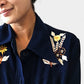 1970s Navy Long-Sleeve Floral Embroidered Front Pocket Shirt