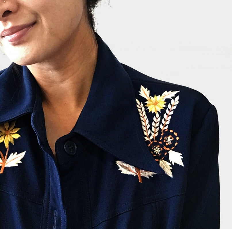 1970s Navy Long-Sleeve Floral Embroidered Front Pocket Shirt