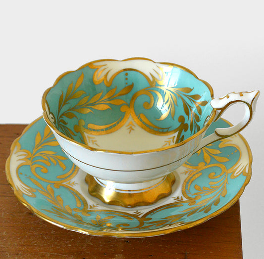 1950s Turquoise and Gold Royal Stafford Bone China Made in England Teacup and Saucer Set