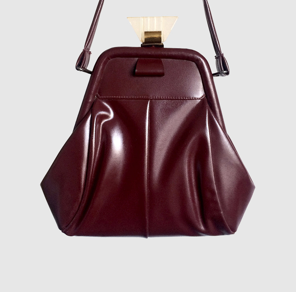 1960s Burgundy Pyramid Clasp Faux Leather Handbag