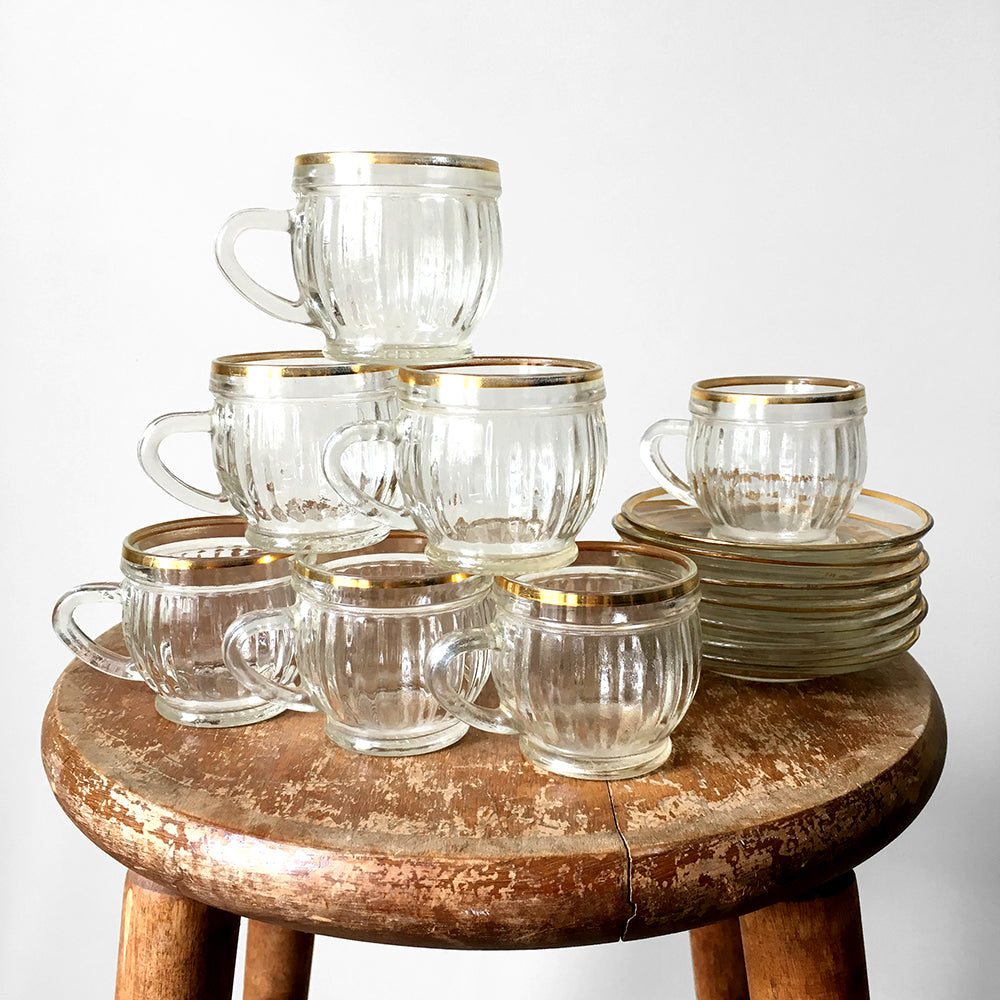 1950s French Cut-Glass Gold-Trimmed Demitasse Cups and Saucer Sets