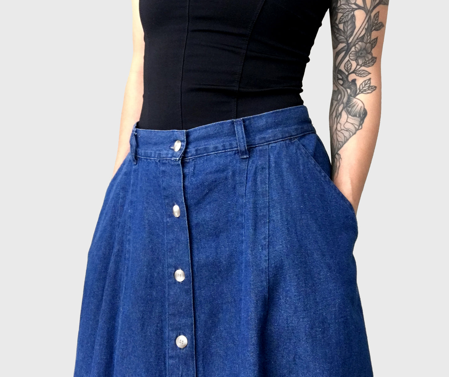 1990s Button-Front Dark Denim Midi-Length Skirt