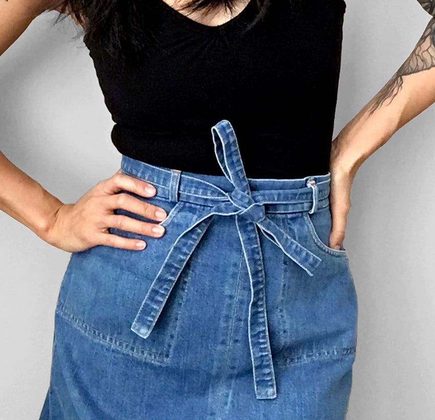 1970s A-Line Tied-Waist Wrap Denim Blue Jean Skirt