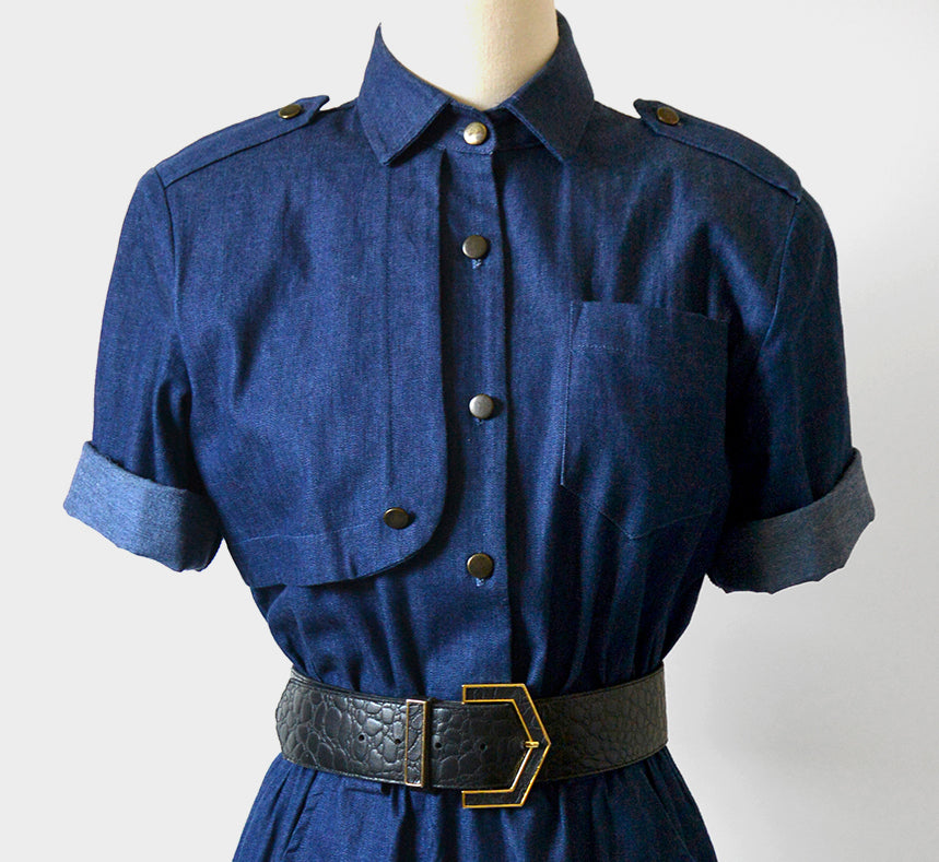 1960s Denim Button-Front Elastic Waist Uniform Dress