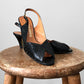 1970s Black Leather Peep Toe Slingback Heeled Shoes