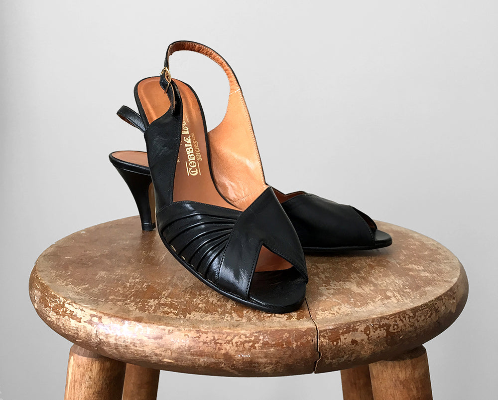 1970s Black Leather Peep Toe Slingback Heeled Shoes