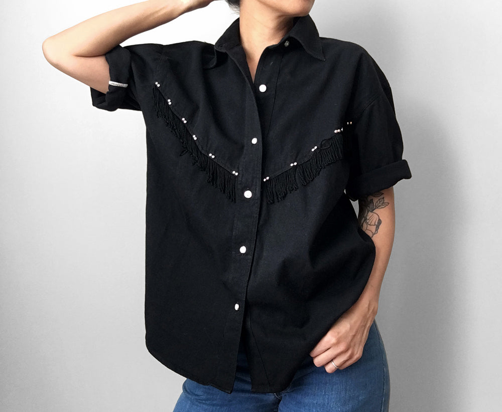 1980s Black Chambray Beaded Fringe Button-Front Collared Shirt